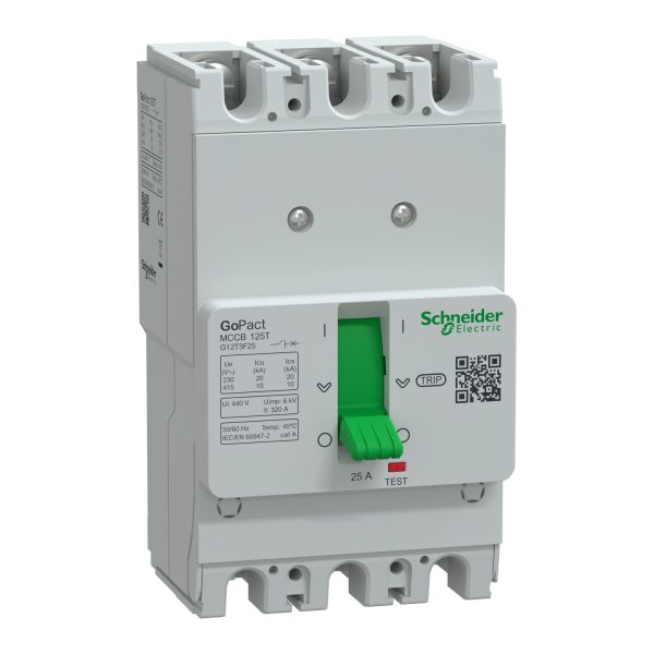 شنايدر G12T3F25 | قاطع الدائرة الكهربائية، GoPact MCCB 125، 3 أقطاب، 10 كيلو أمبير عند 415 فولت تيار متردد، تصنيف 25 أمبير، وحدة رحلة TMD، حماية حرارية ثابتة