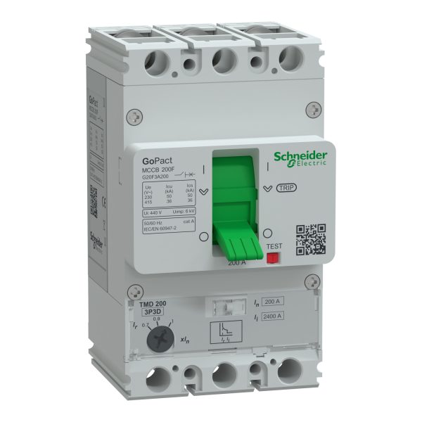 شنايدر G20F3A200 | قاطع الدائرة الكهربائية، GoPact MCCB 200، 3 أقطاب، 36 كيلو أمبير عند 415 فولت تيار متردد، تصنيف 200 أمبير، وحدة رحلة TMD، حماية حرارية قابلة للتعديل