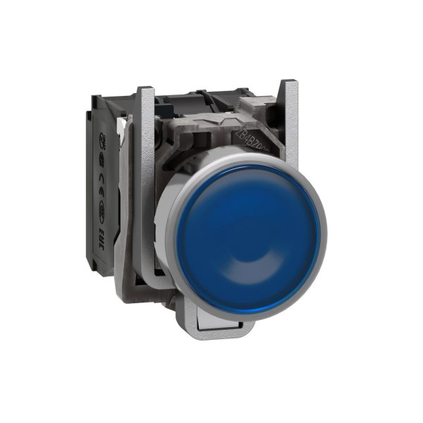 شنايدر XB4BW36M5 | زر ضغط مضيء، معدني، متساطح، أزرق، Ø22، إرجاع زنبركي، 230...240 فولت تيار متردد، 1 NO + 1 NC